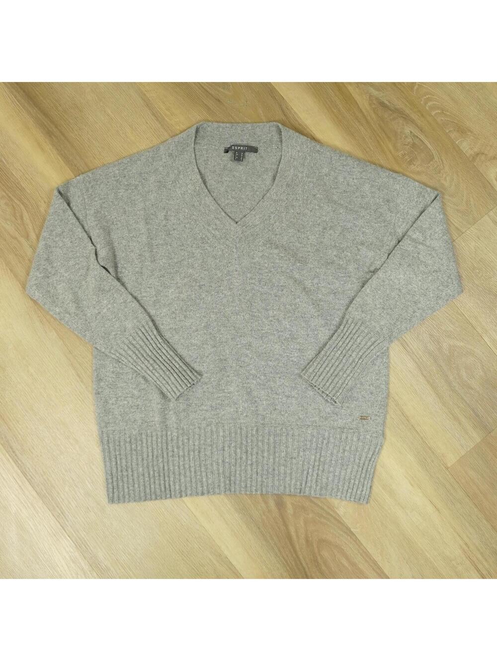Esprit Gray V-Neck Cashmere Sweater, Size Med - Light Academia, Minimalist